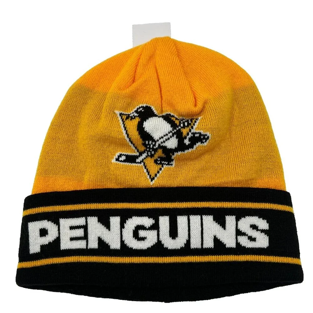 Adidas Unisex Yellow Black Knit Logo Pittsburgh Penguins NHL Team Beanie Hat NWT